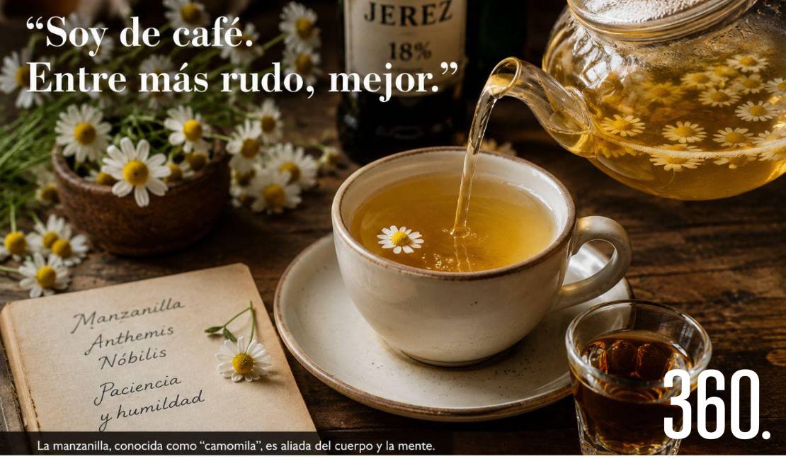 Dejar el café por la manzanilla no significa renunciar al carácter: tres tazas por la mañana, acompañadas de una generosa ración de jerez, forman el peculiar brebaje del autor.