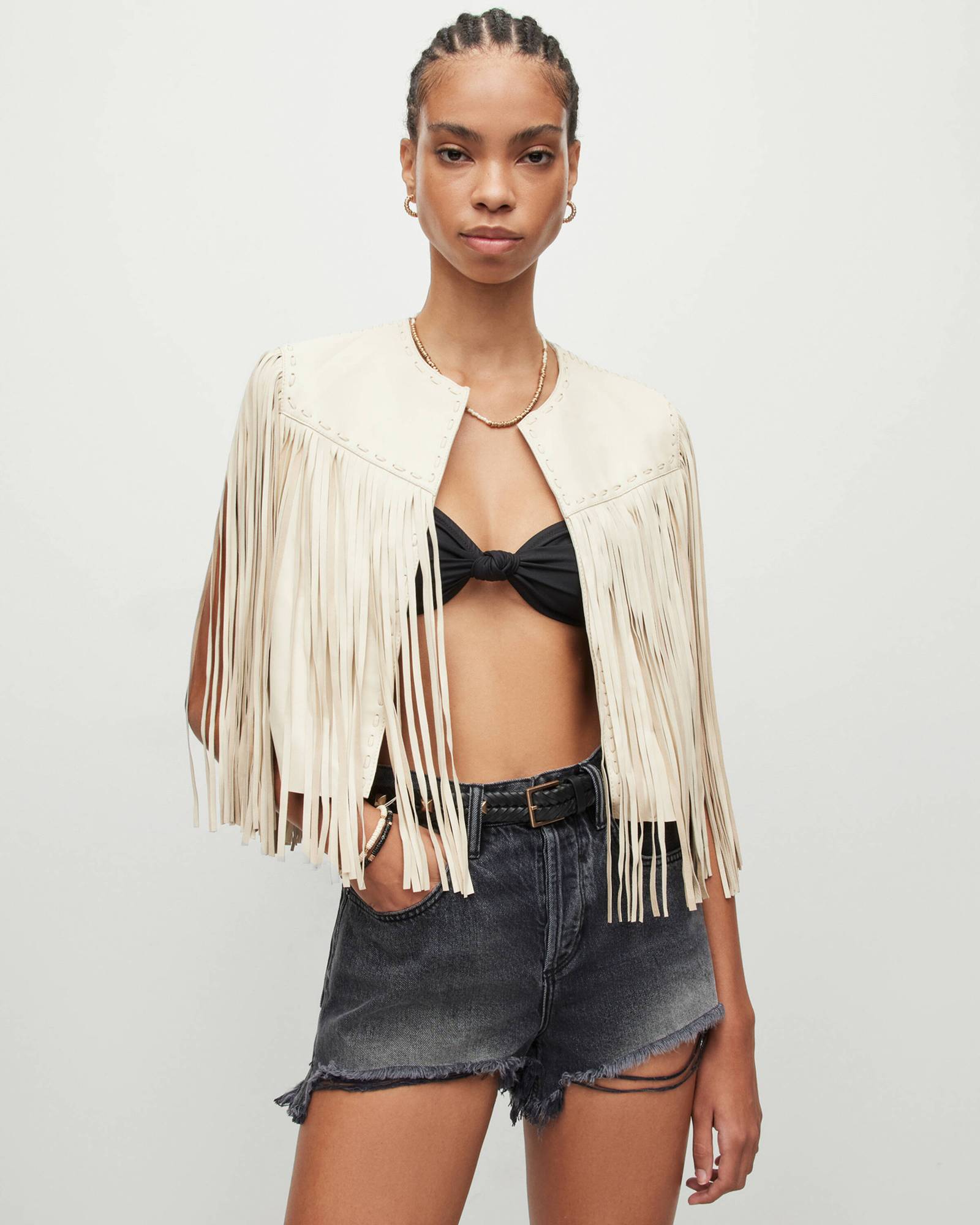 $!AllSaints: Astral Leather Fringed Gilet.