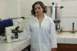 En laboratorio, la Dra. Erika Acosta trabaja con cepas bacterianas aisladas de suelos del norte del país.