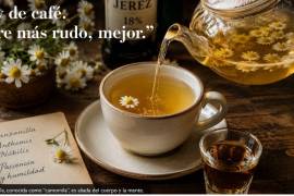Dejar el café por la manzanilla no significa renunciar al carácter: tres tazas por la mañana, acompañadas de una generosa ración de jerez, forman el peculiar brebaje del autor.