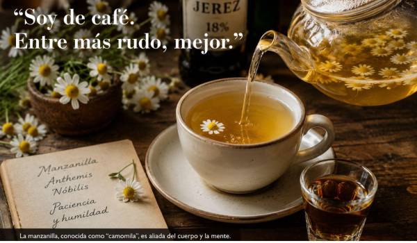 Dejar el café por la manzanilla no significa renunciar al carácter: tres tazas por la mañana, acompañadas de una generosa ración de jerez, forman el peculiar brebaje del autor.